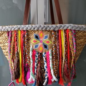 Le Voyage En Panier Colorful Woven Boho Tote Bag with Tassels